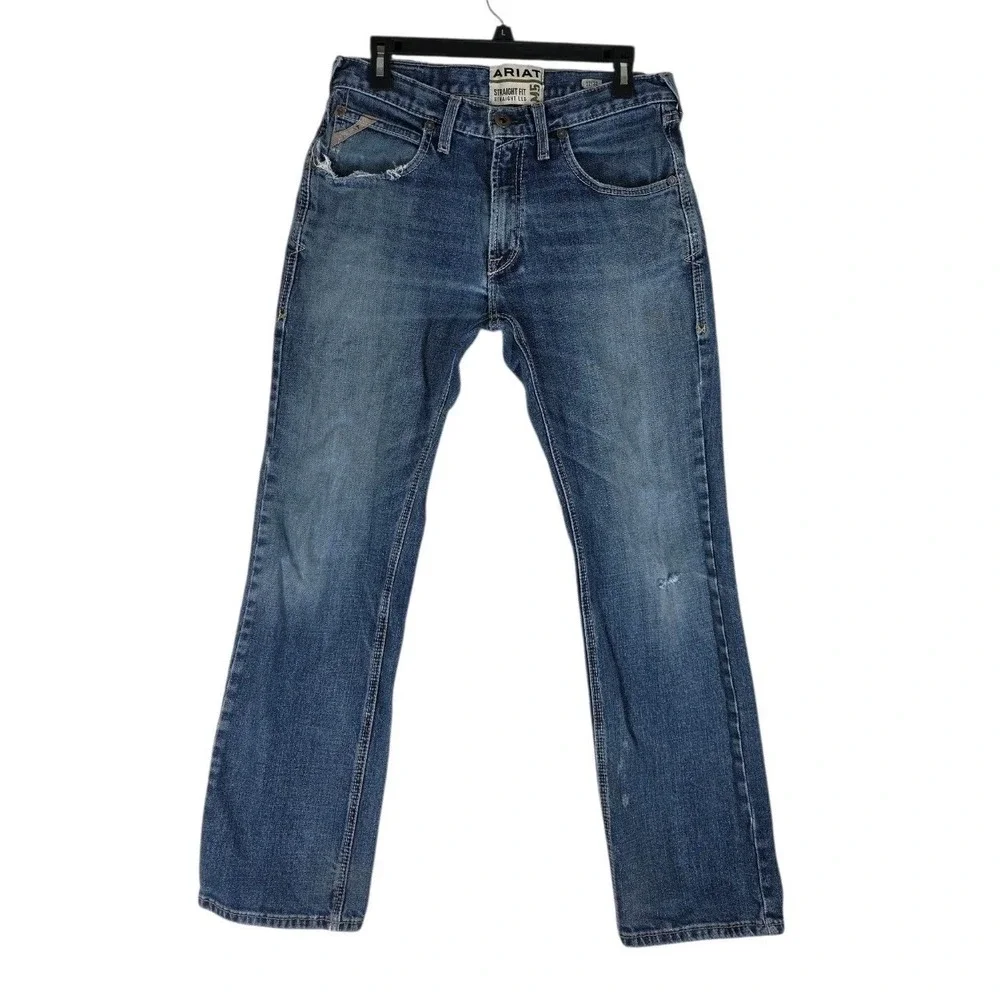Ariat M5 Travis Straight Fit Blue Jeans Mens 32x32 (32x30) Med Wash Distressed